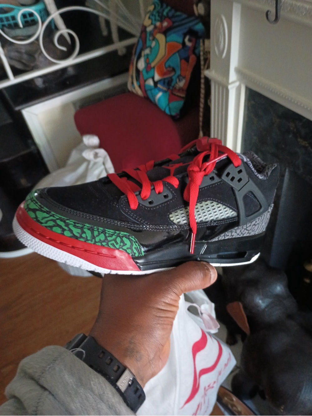 Jordan Kids Black Sneakers with Red Laces & Green Elephant Print